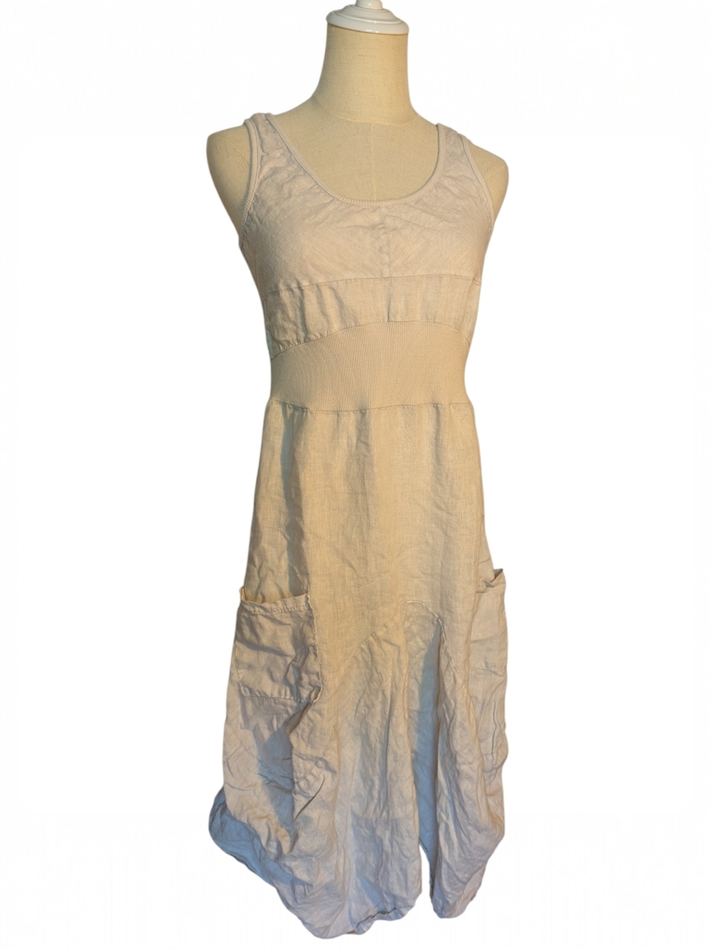 Gigi Moda 100% Linen Sleeveless Cream Pocket Dress Small